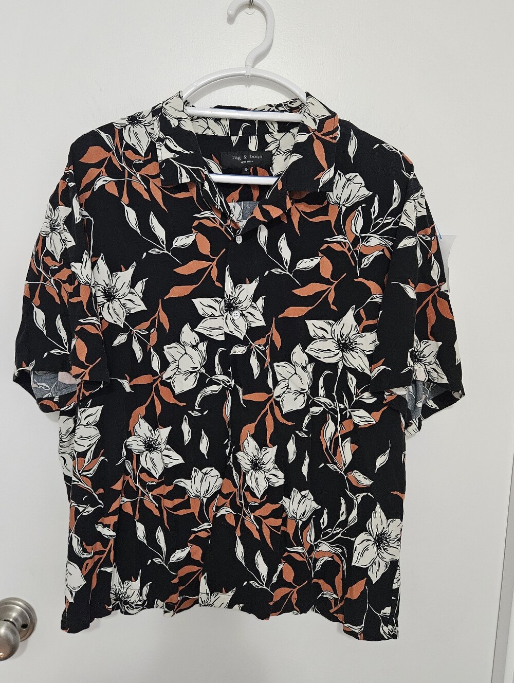 rag & bone Avery Floral Print Camp Collar Cotton Shirt Black Orange XL